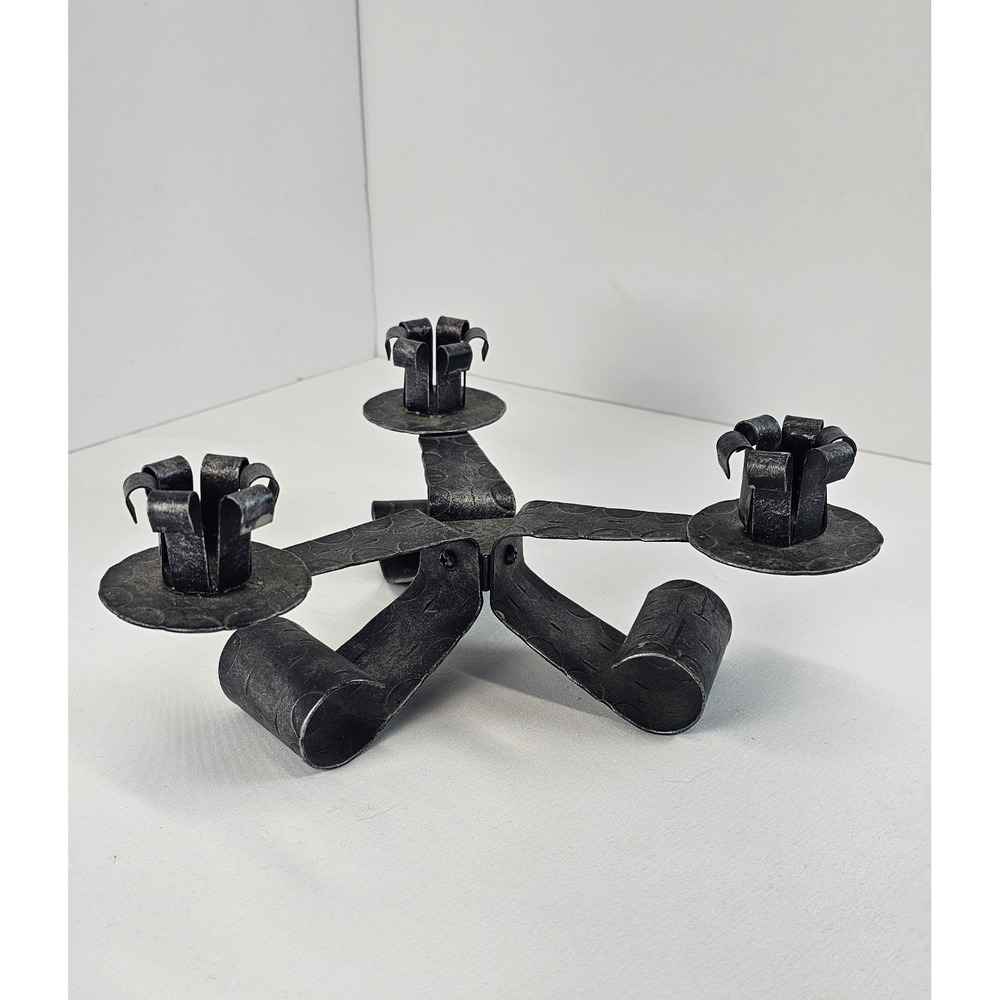 Vintage Hammered Wrought Iron 3 Arm Candle Holder Rustic Black Metal Candelabra